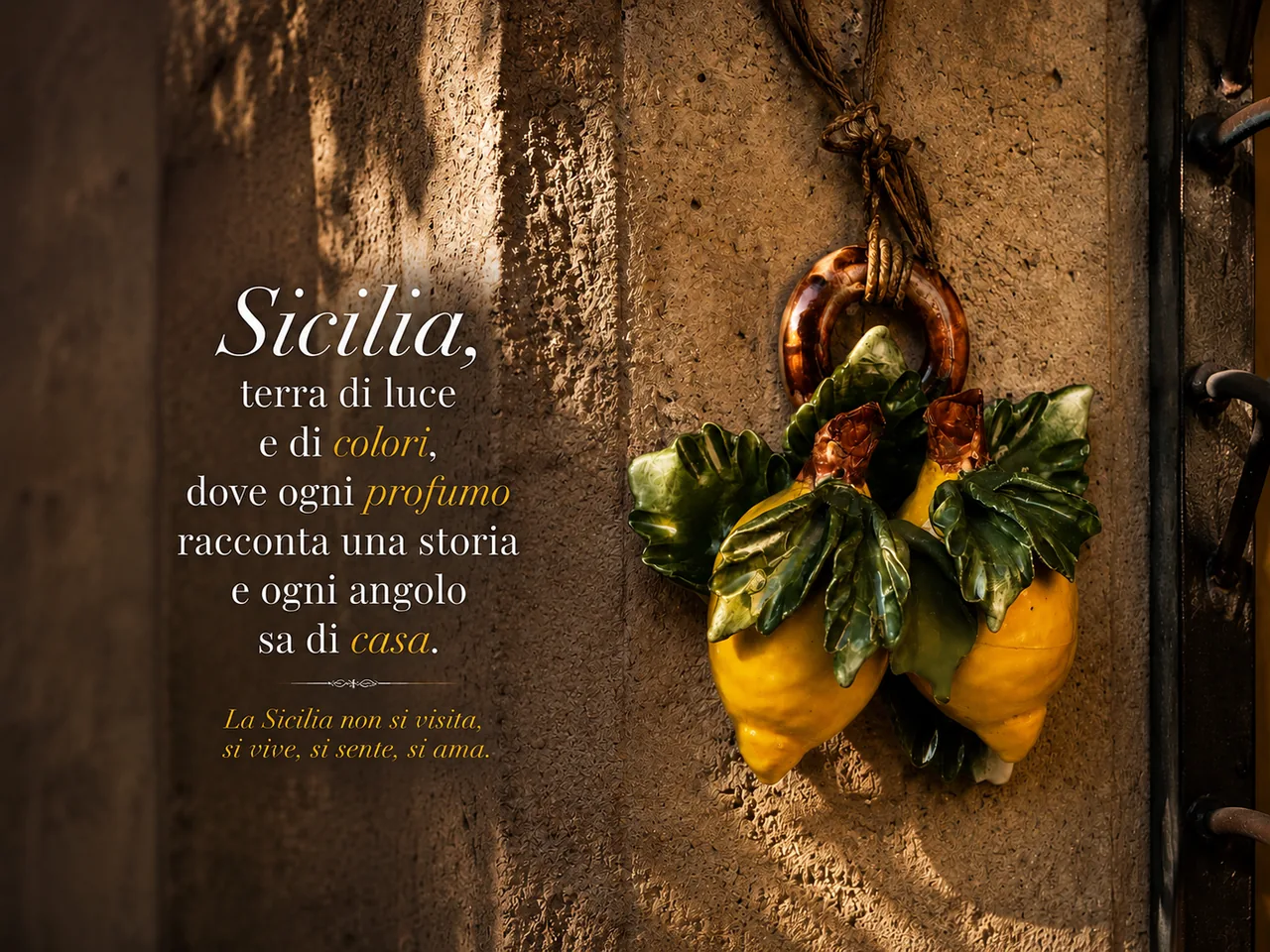 Atmosfera siciliana con limoni e frase dedicata alla Sicilia